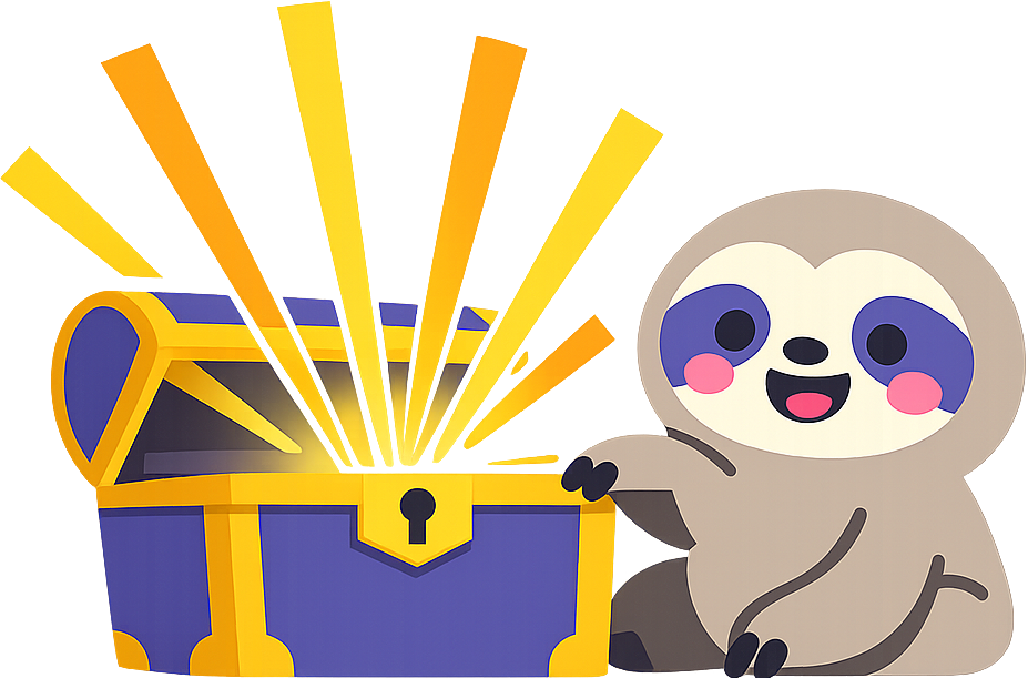 Leniwiec świętujący ze skrzynią skarbów